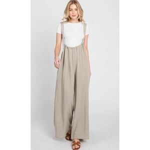 Zenana premium woven tieback suspender jumpsuit in Sand Beige